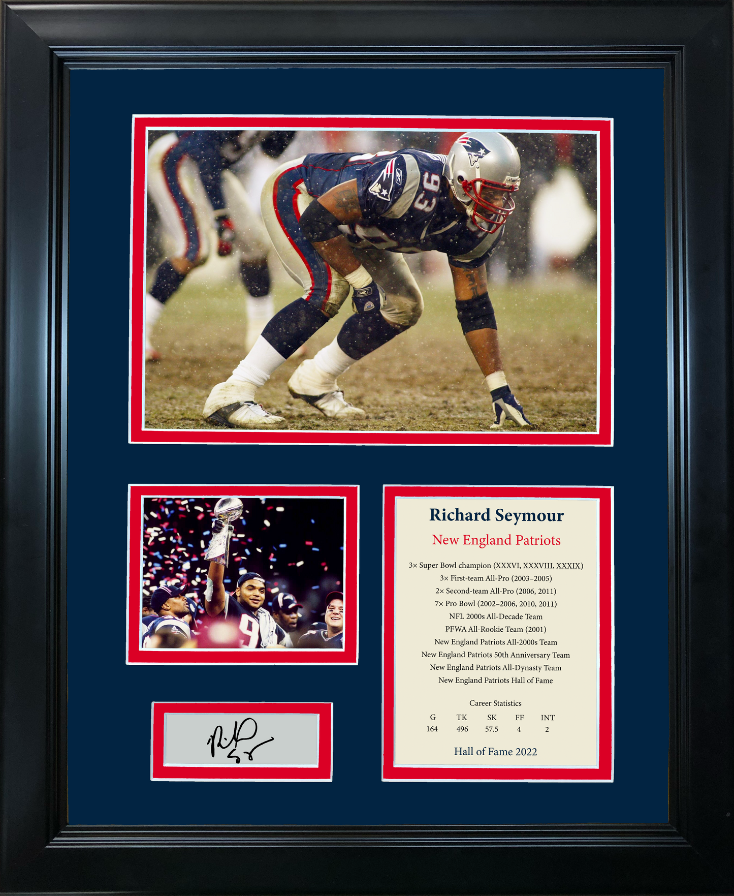 Framed Richard Seymour Facsimile Hall of Fame Laser Engraved Signature Auto New England Patriots Football 11"x14"Photo Sig Collage