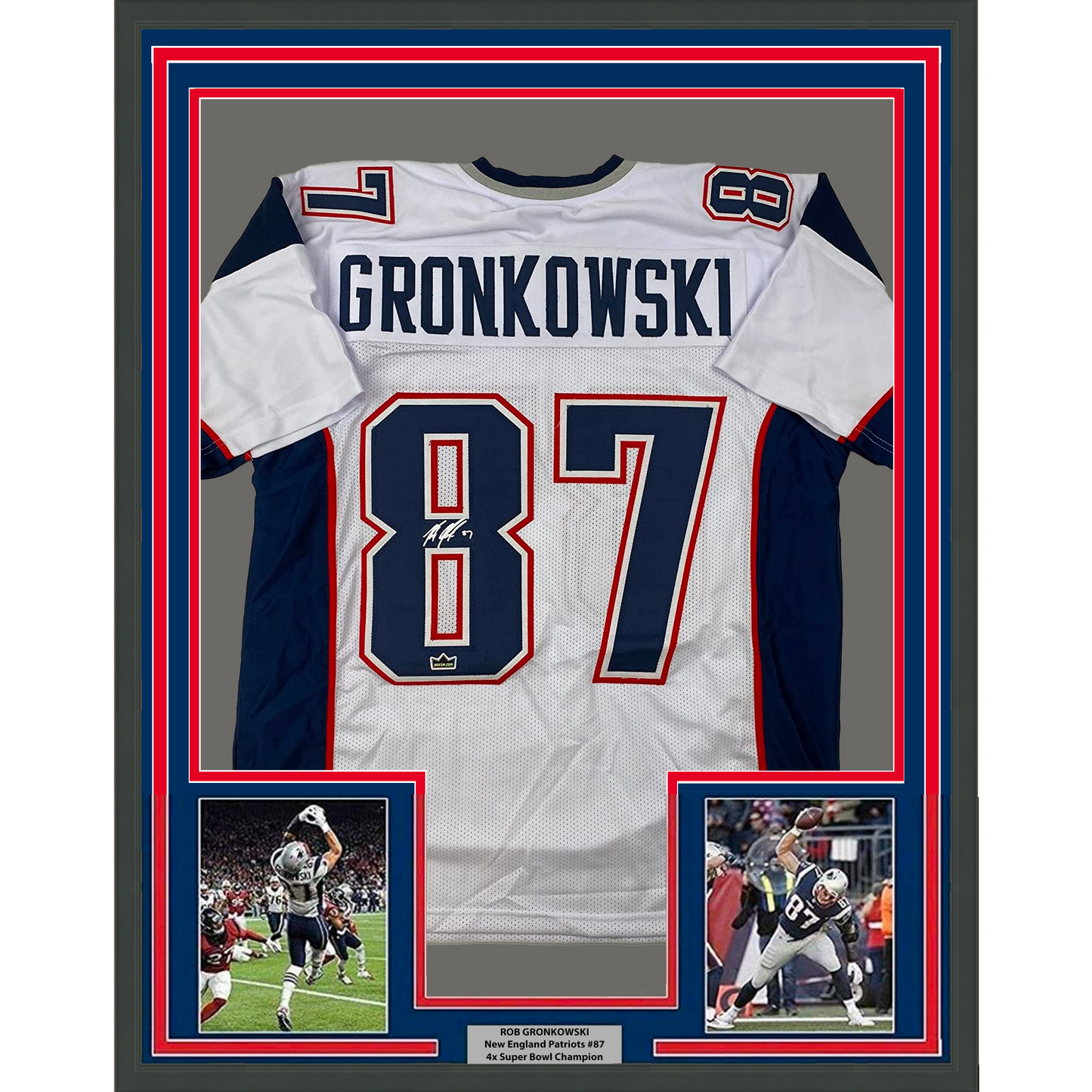 Framed Facsimile Autographed Rob Gronk Gronkowski 35x39 New England White Reprint Laser Auto Football Jersey