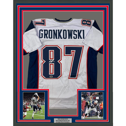 Framed Facsimile Autographed Rob Gronk Gronkowski 35x39 New England White Reprint Laser Auto Football Jersey