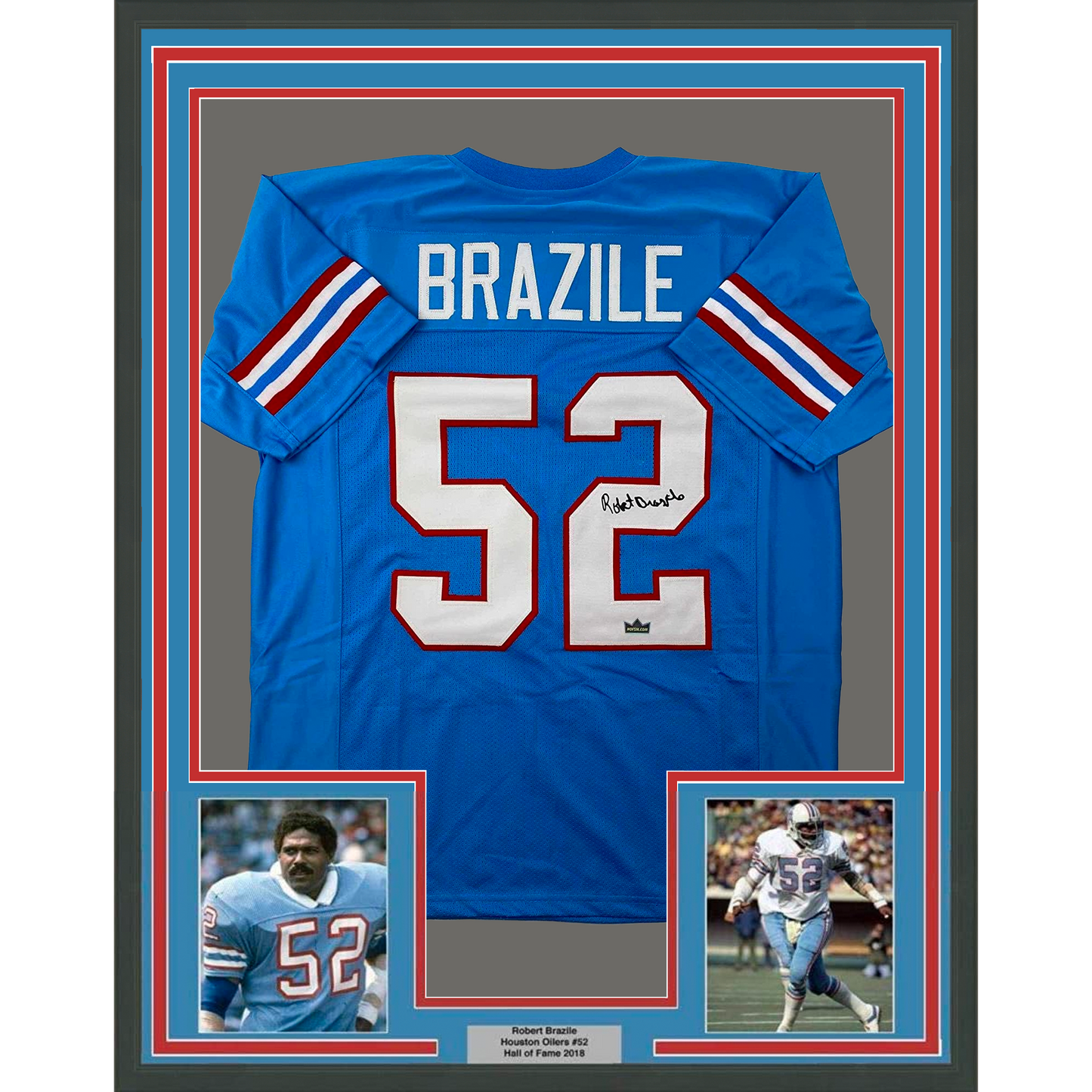 Framed Facsimile Autographed Robert Brazile 35x39 Houston Blue Reprint Laser Auto Football Jersey
