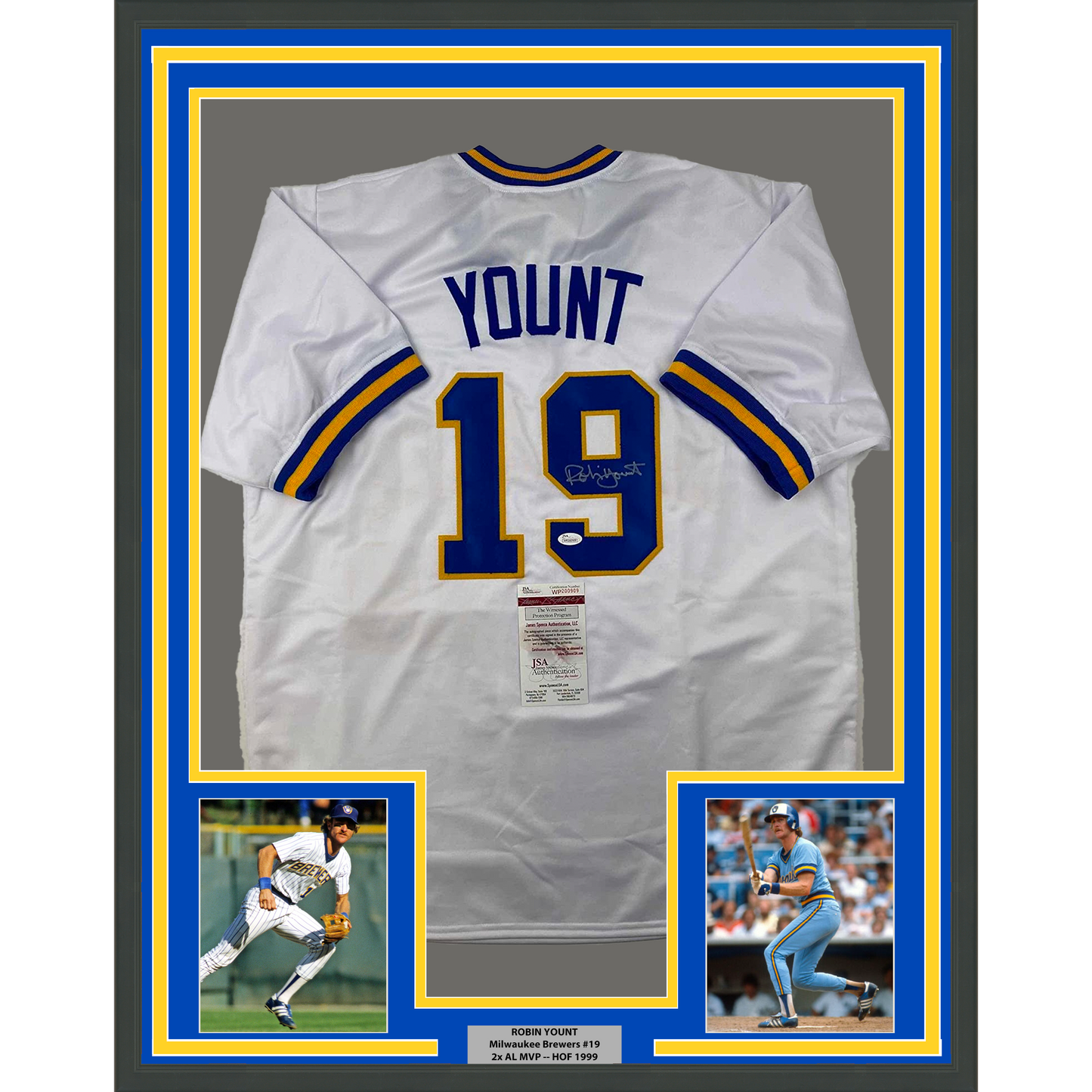 Framed Autographed/Signed Robin Yount 35x39 Milwaukee White Baseball Jersey JSA COA