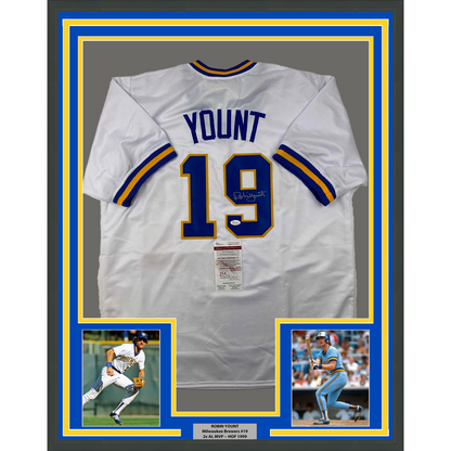Framed Autographed/Signed Robin Yount 35x39 Milwaukee White Baseball Jersey JSA COA