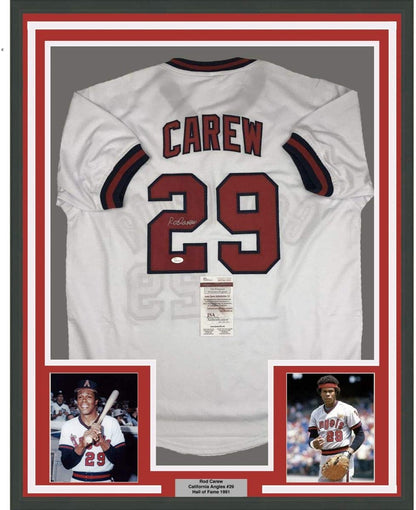 Framed Autographed/Signed Rod Carew 35x39 California White Baseball Jersey JSA COA