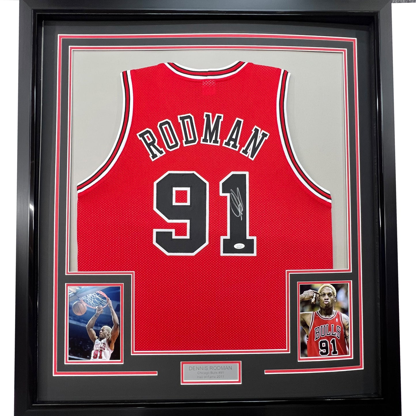 Framed Autographed/Signed Dennis Rodman 35x39 Chicago Red Basketball Jersey JSA COA