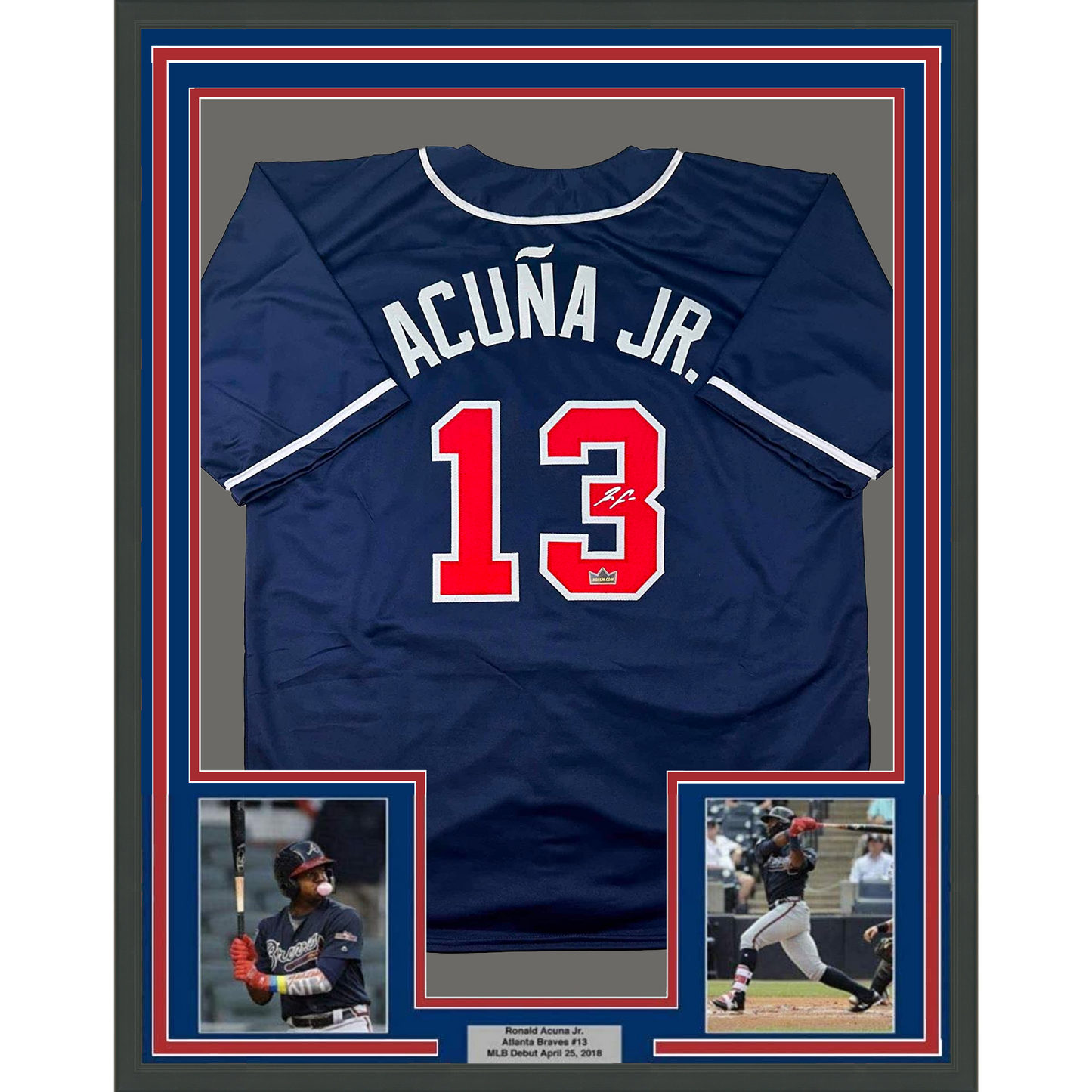 Framed Facsimile Autographed Ronald Acuna Jr. 35x39 Atlanta Blue Reprint Laser Auto Baseball Jersey