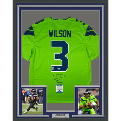 Framed Autographed/Signed Russell Wilson 35x39 Seattle Seahawks Green Color Rush Authentic Football Jersey Beckett BAS COA