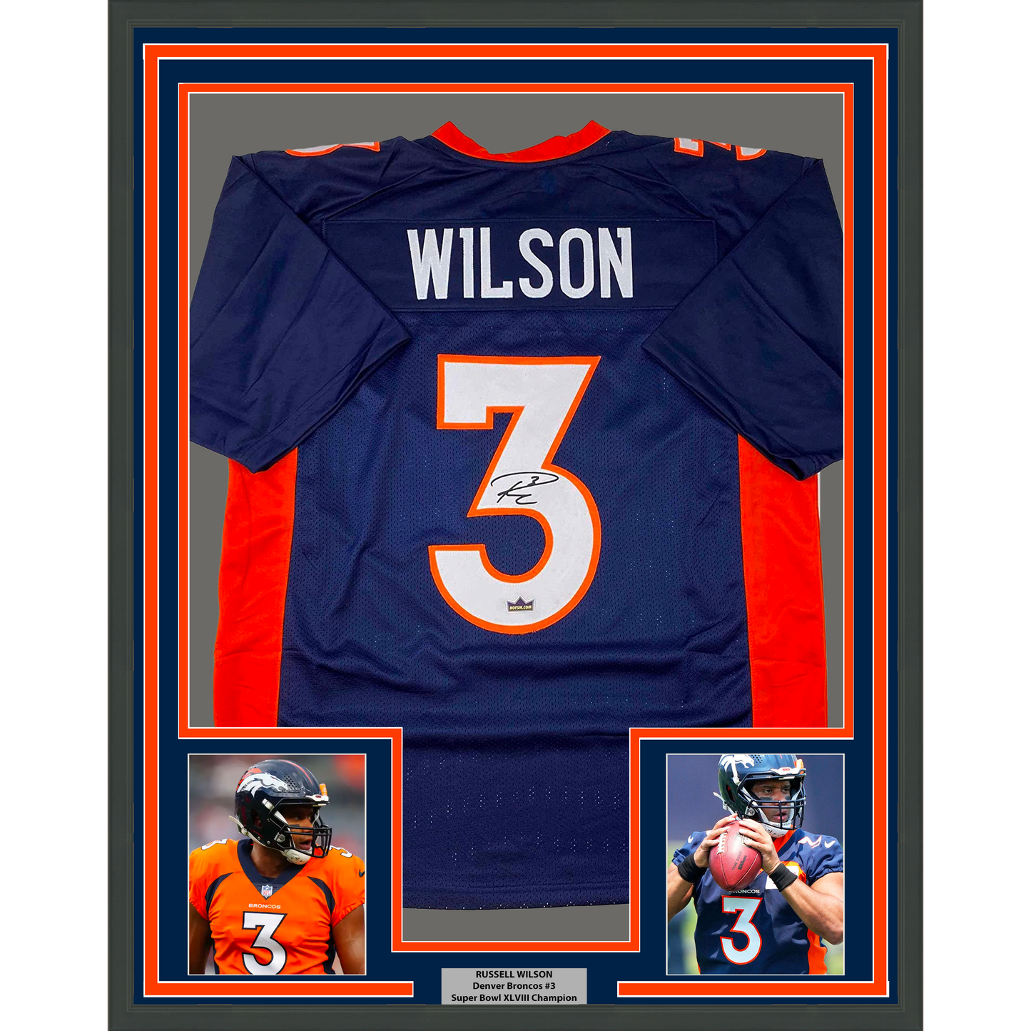 Framed Facsimile Autographed Russell Wilson 35x39 Denver Blue Reprint Laser Auto Football Jersey
