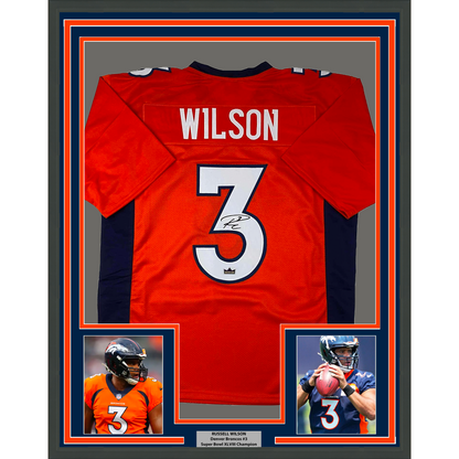 Framed Facsimile Autographed Russell Wilson 35x39 Denver Orange Reprint Laser Auto Football Jersey