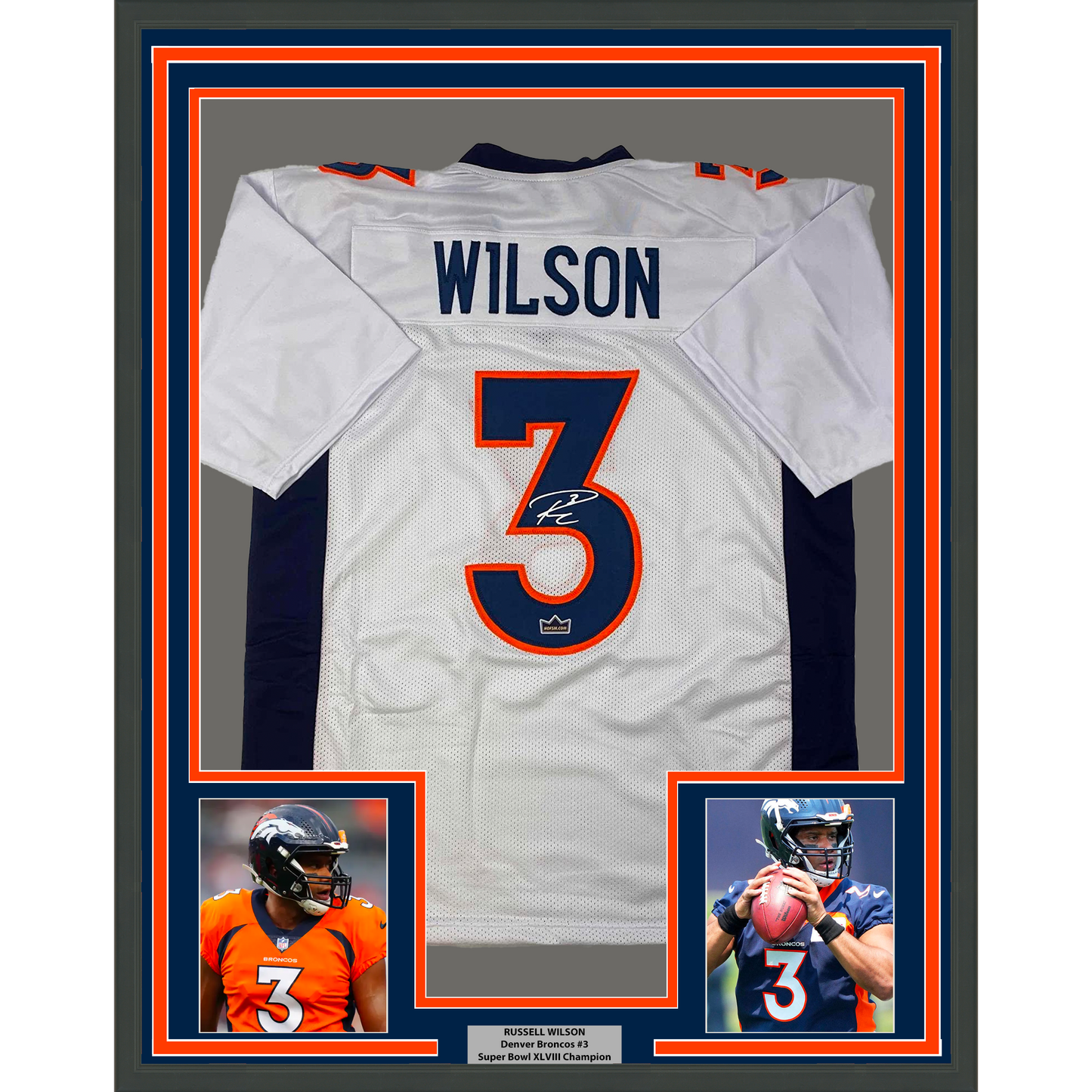Framed Facsimile Autographed Russell Wilson 35x39 Denver White Reprint Laser Auto Football Jersey Size Men's XL