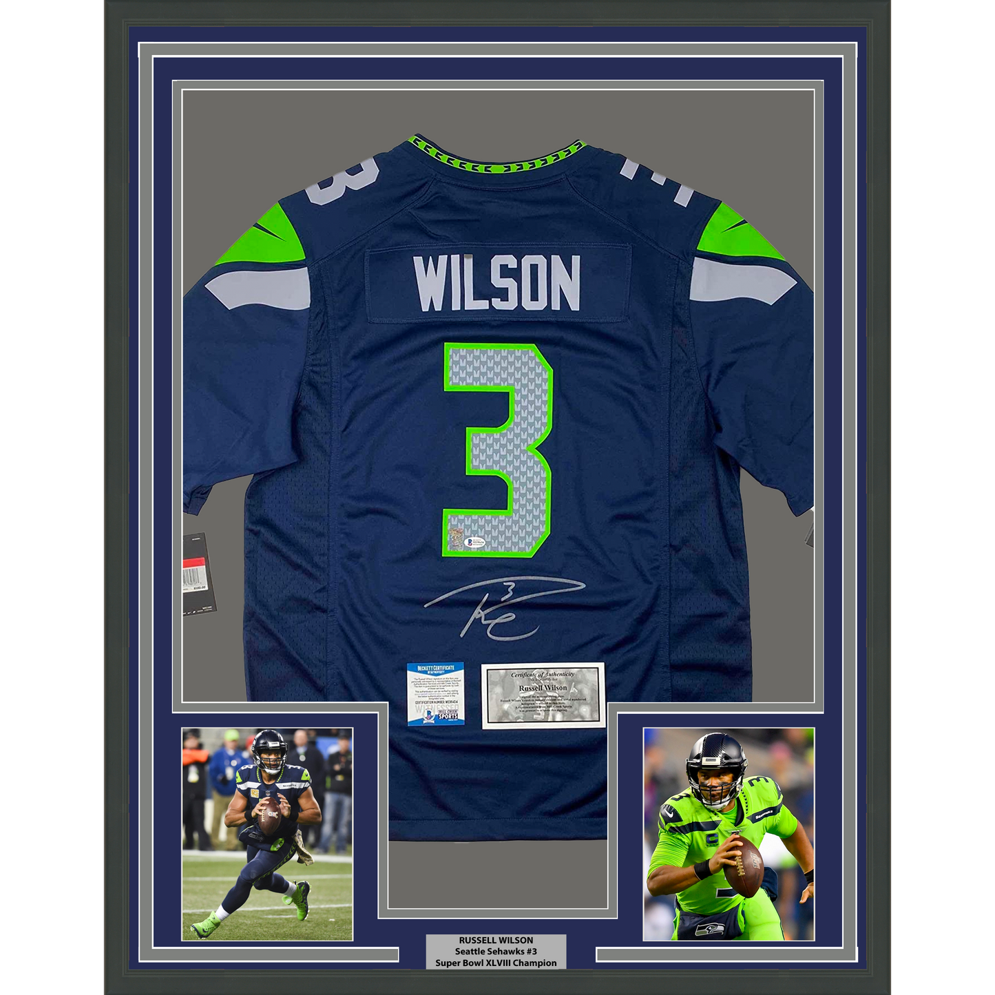 Framed Autographed/Signed Russell Wilson 35x39 Seattle Seahawks Blue Authentic Football Jersey Beckett BAS COA