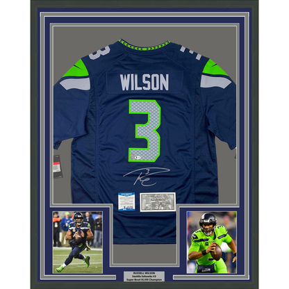 Framed Autographed/Signed Russell Wilson 35x39 Seattle Seahawks Blue Authentic Football Jersey Beckett BAS COA