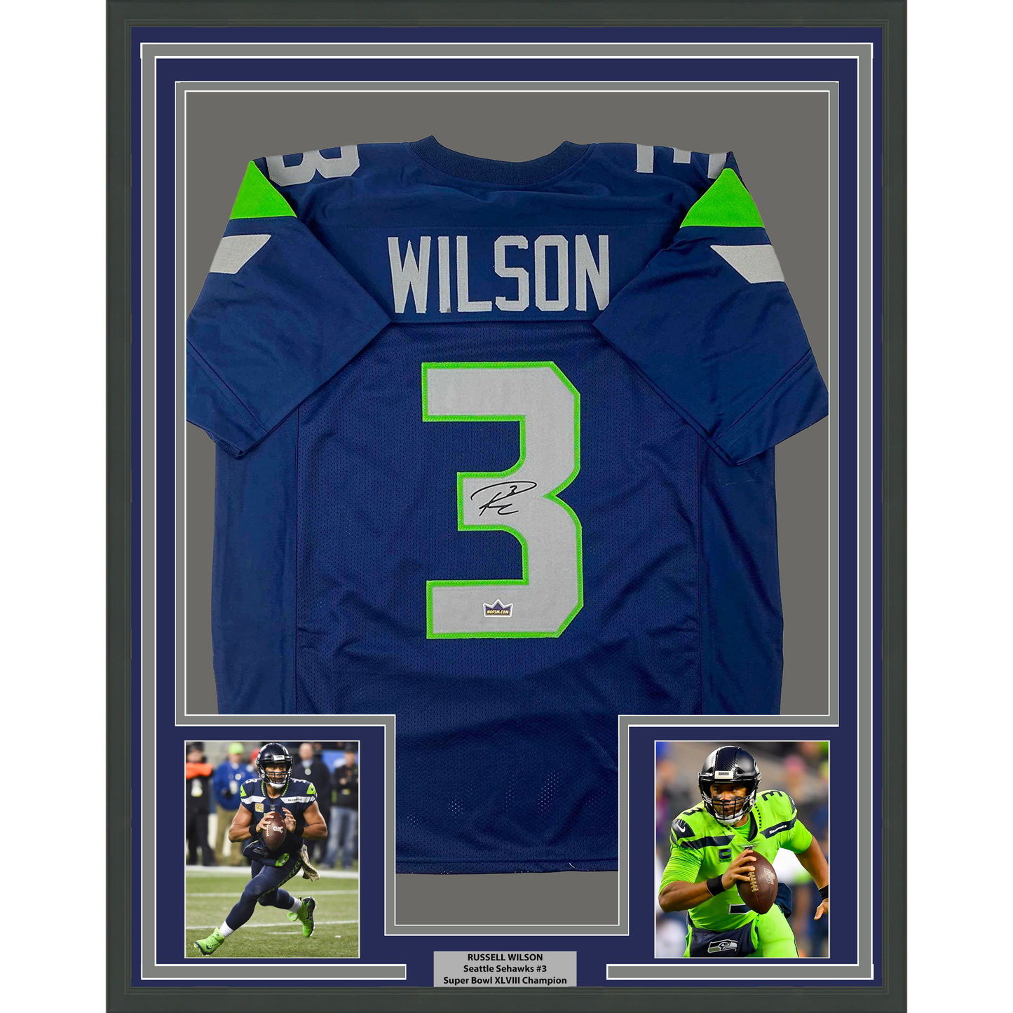 Framed Facsimile Autographed Russell Wilson 35x39 Seattle Blue Reprint Laser Auto Football Jersey
