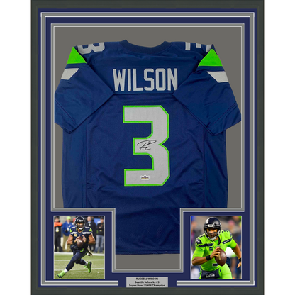 Framed Facsimile Autographed Russell Wilson 35x39 Seattle Blue Reprint Laser Auto Football Jersey