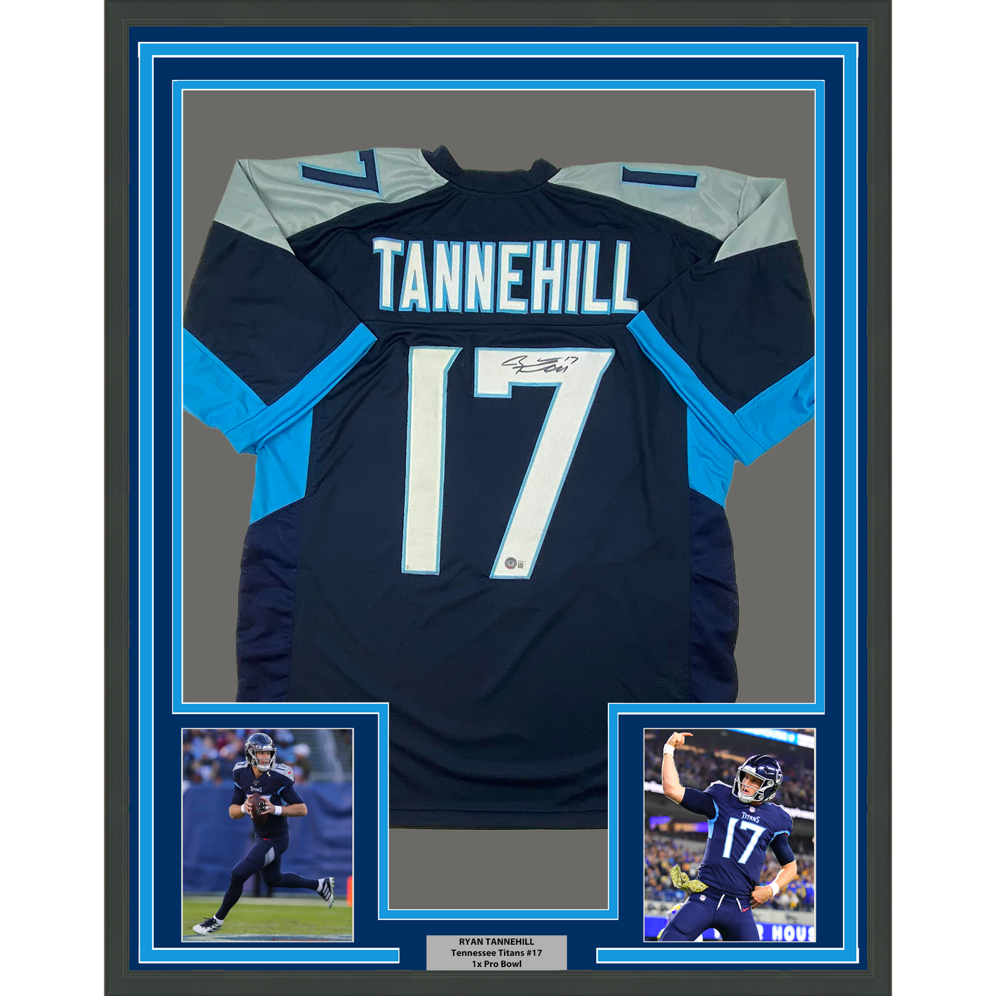 Framed Autographed/Signed Ryan Tannehill 35x39 Tennessee Dark Blue Football Jersey Beckett BAS COA