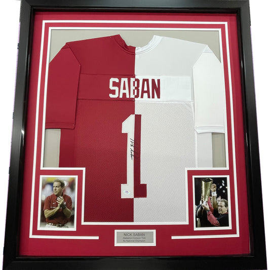 Framed Autographed/Signed Nick Saban 35x39 Alabama Split Pro Cut College Football Jersey PSA/DNA COA