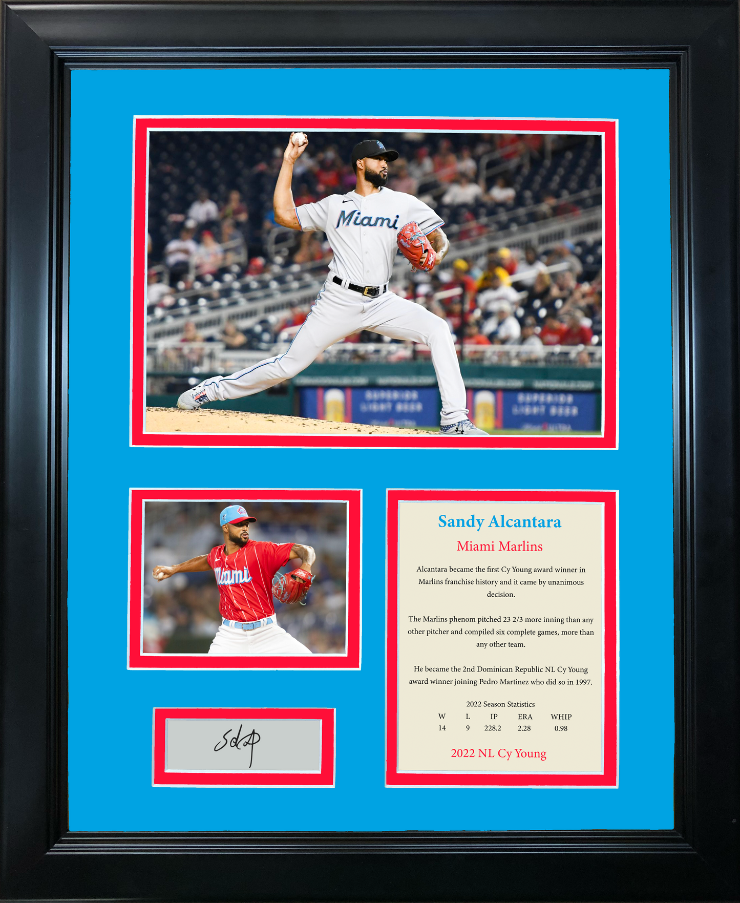 Framed Sandy Alcantara NL Cy Young 2022 Facsimile Laser Engraved Signature Auto Miami Marlins Baseball 11"x14"Photo Sig Collage