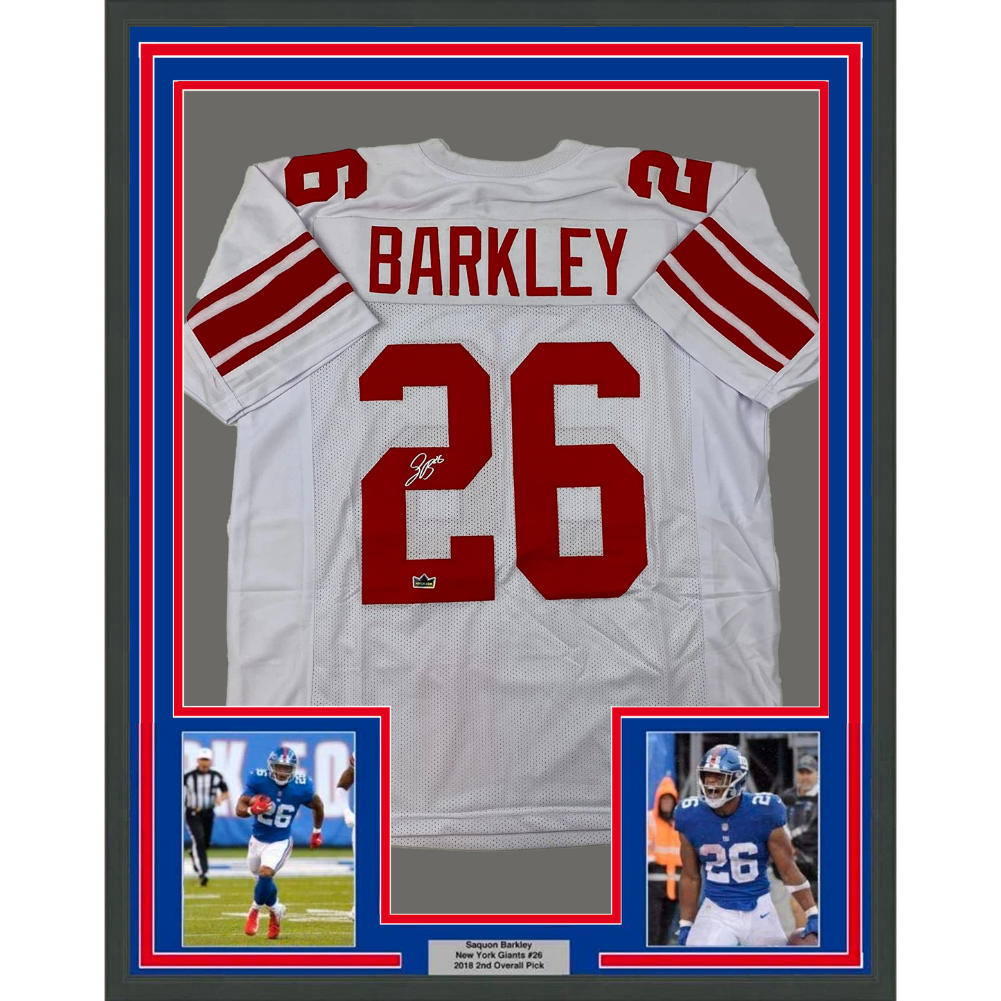 Framed Facsimile Autographed Saquon Barkley 35x39 New York White Reprint Laser Auto Football Jersey