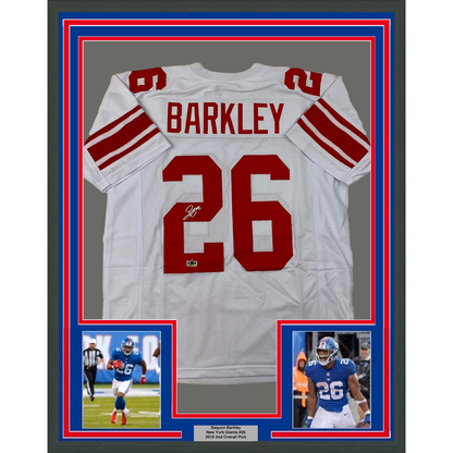 Framed Facsimile Autographed Saquon Barkley 35x39 New York White Reprint Laser Auto Football Jersey