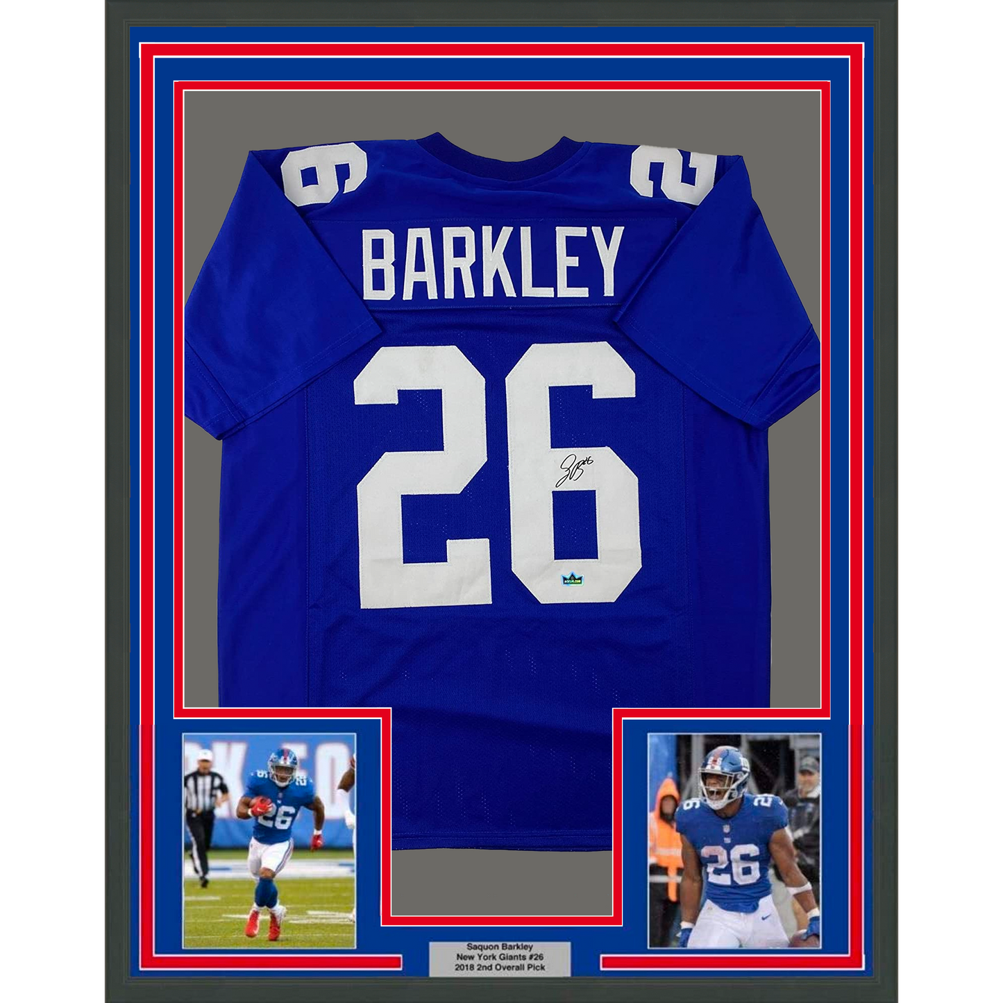 Framed Facsimile Autographed Saquon Barkley 35x39 New York Blue Reprint Laser Auto Football Jersey