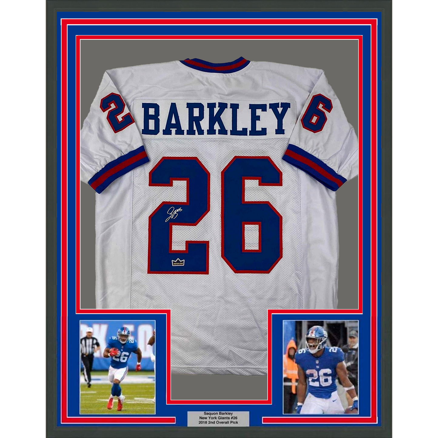 Framed Facsimile Autographed Saquon Barkley 35x39 New York Color Rush White Reprint Laser Auto Football Jersey