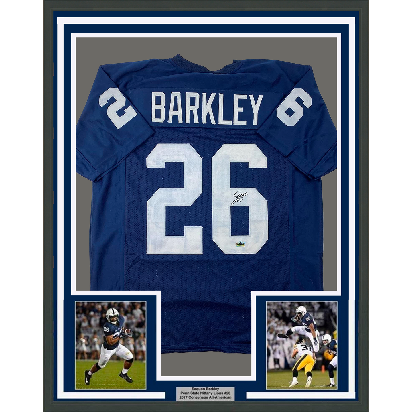 Framed Facsimile Autographed Saquon Barkley 35x39 Penn State Blue Reprint Laser Auto College Football Jersey