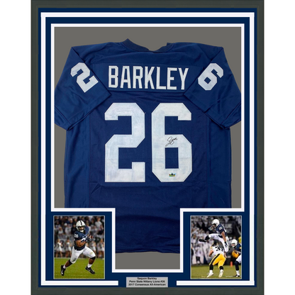 Framed Facsimile Autographed Saquon Barkley 35x39 Penn State Blue Reprint Laser Auto College Football Jersey