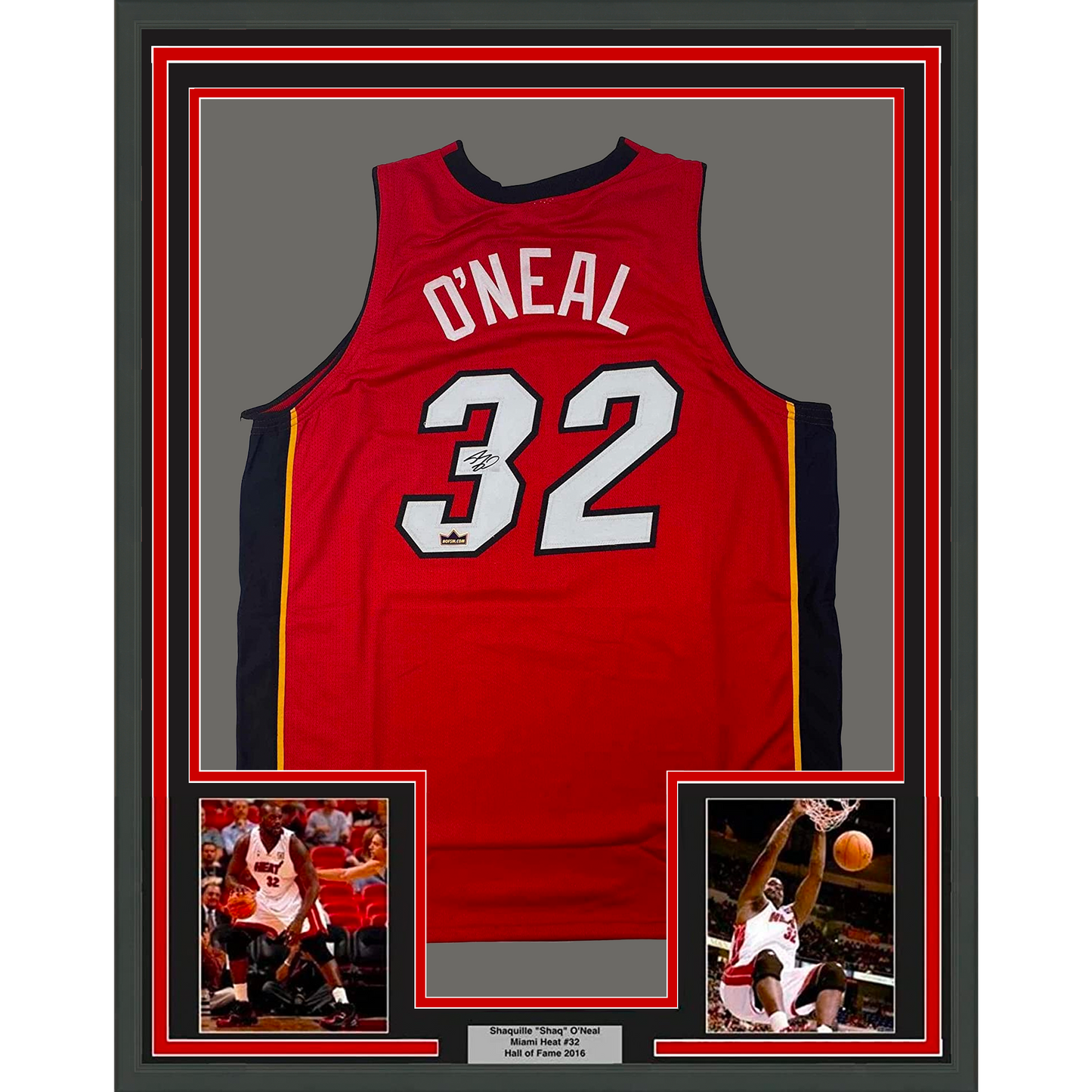 Framed Facsimile Autographed Shaquille Shaq O'Neal 35x39 Miami Red Reprint Laser Auto Basketball Jersey Size Men's XL