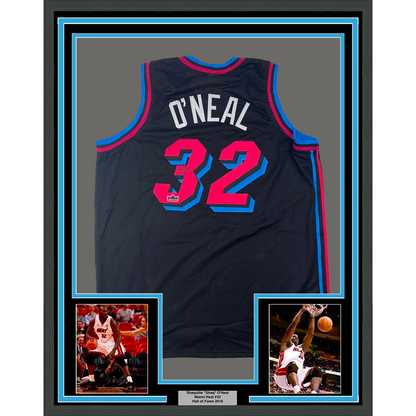 Framed Facsimile Autographed Shaquille Shaq O'Neal 35x39 Miami Black Vice City Reprint Laser Auto Basketball Jersey