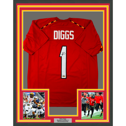 Framed Facsimile Autographed Stefon Diggs 35x39 Maryland Red Reprint Laser Auto College Football Jersey