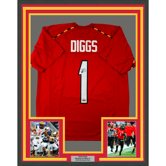 Framed Facsimile Autographed Stefon Diggs 35x39 Maryland Red Reprint Laser Auto College Football Jersey