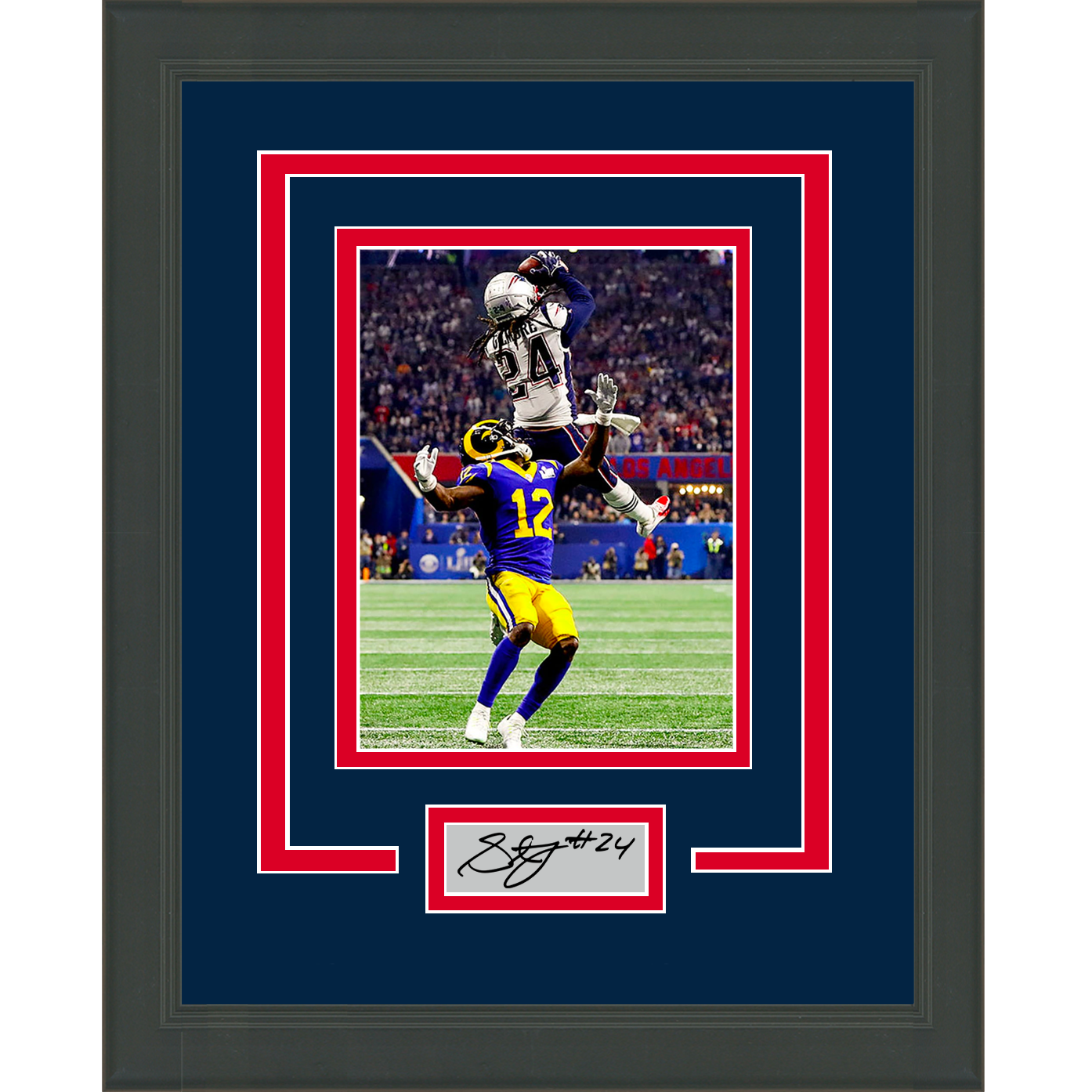 Framed Stephon Gilmore SB LIII Interception Facsimile Laser Engraved Signature Auto New England Patriots 11x14 Football Photo
