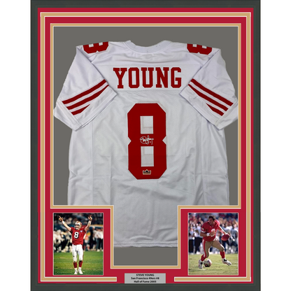 Framed Facsimile Autographed Steve Young 35x39 San Francisco White Reprint Laser Auto Football Jersey Size Men's XL