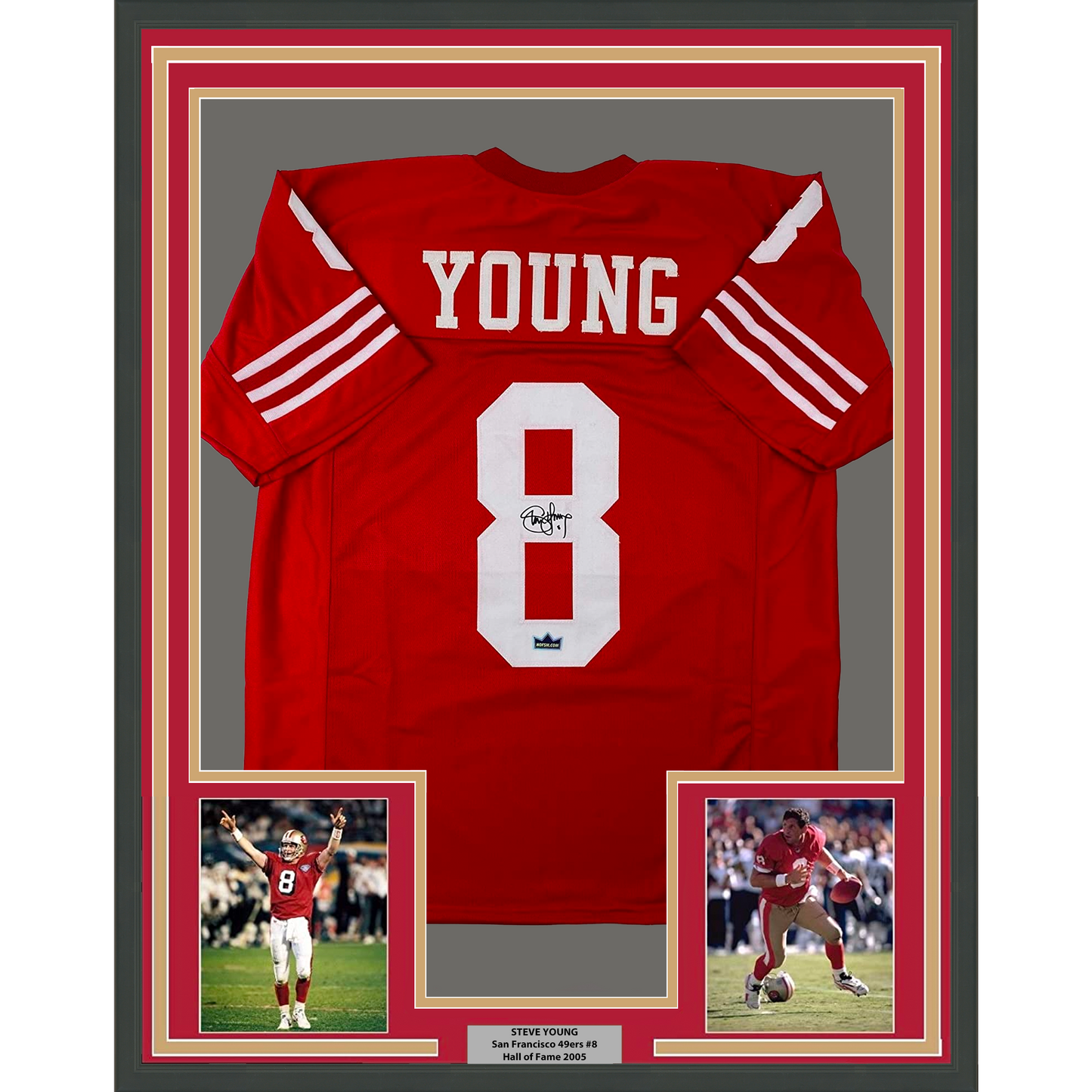 Framed Facsimile Autographed Steve Young 35x39 San Francisco Red Reprint Laser Auto Football Jersey Size Men's XL