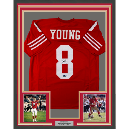 Framed Facsimile Autographed Steve Young 35x39 San Francisco Red Reprint Laser Auto Football Jersey Size Men's XL