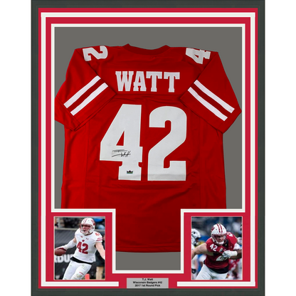 Framed Facsimile Autographed T.J. TJ Watt 35x39 Wisconsin Red Reprint Laser Auto College Football Jersey Size Men's XL