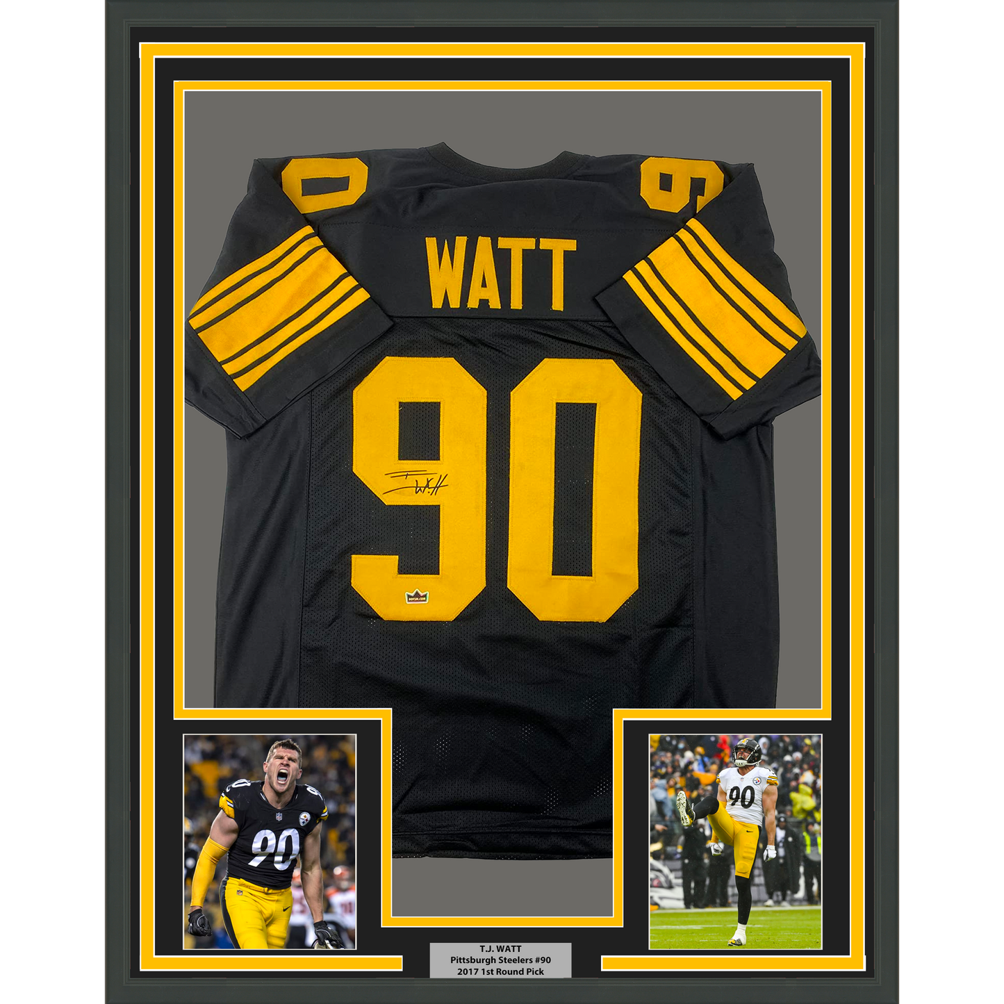 Framed Facsimile Autographed T.J. TJ Watt 35x39 Pittsburgh Color Rush Reprint Laser Auto Football Jersey Size Men's XL