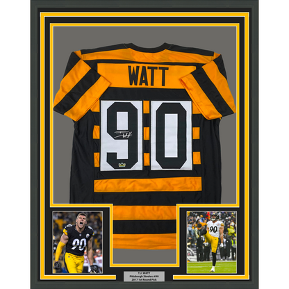 Framed Facsimile Autographed T.J. TJ Watt 35x39 Pittsburgh Bumble Bee Reprint Laser Auto Football Jersey