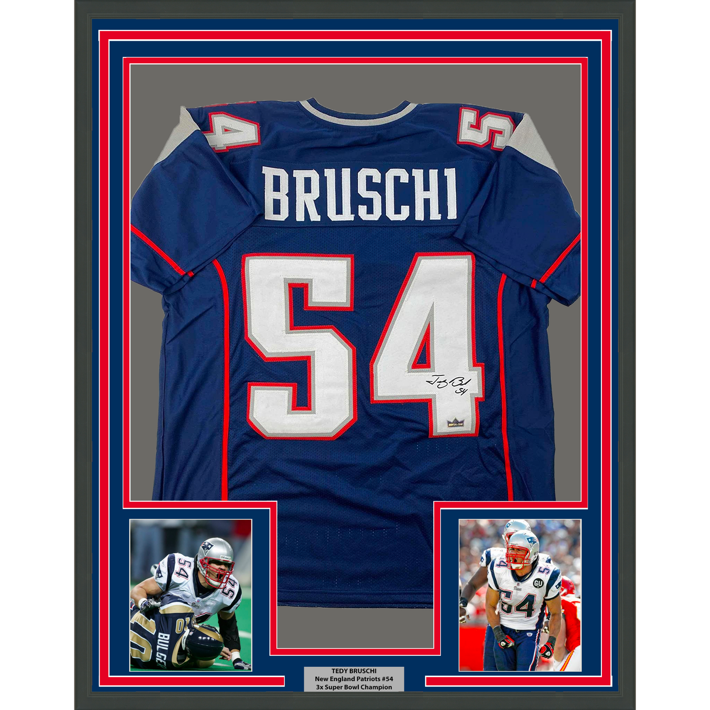 Framed Facsimile Autographed Tedy Bruschi 35x39 New England Blue Reprint Laser Auto Football Jersey
