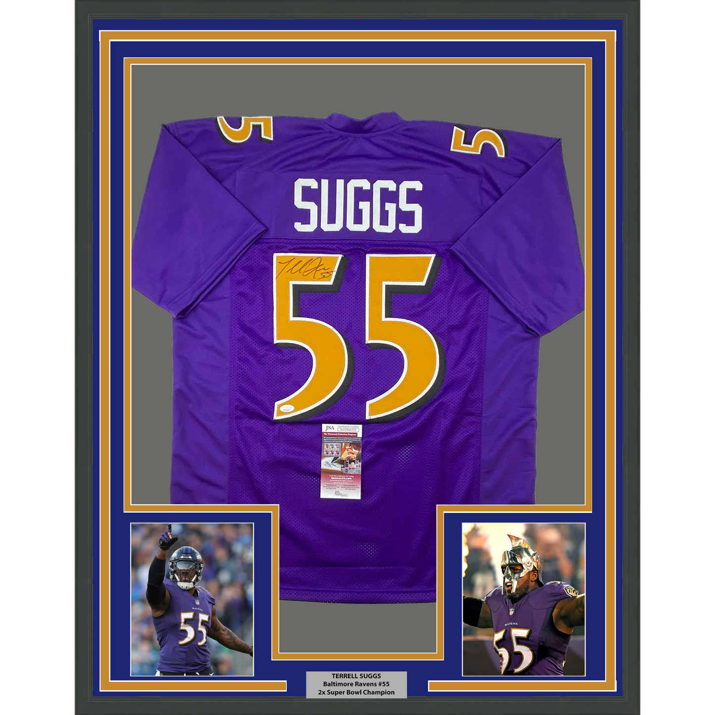 Framed Autographed/Signed Terrell Suggs 35x39 Baltimore Color Rush Football Jersey JSA COA