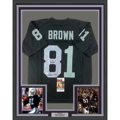 Framed Autographed/Signed Tim Brown 35x39 Raider 4 Life Oakland Black Football Jersey JSA COA