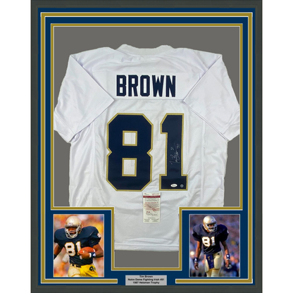 Framed Autographed/Signed Tim Brown 35x39 Notre Dame White College Football Jersey JSA COA
