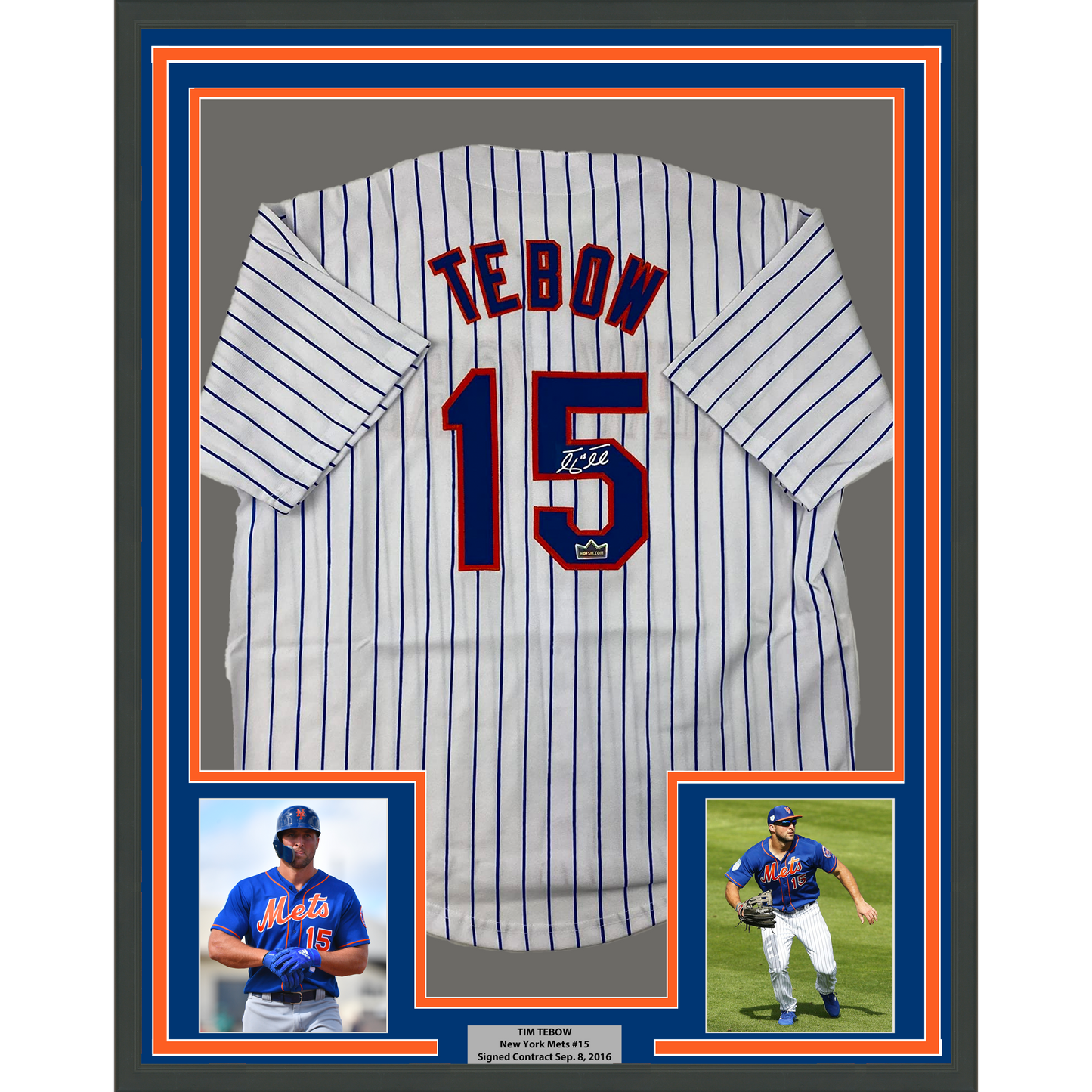 Framed Facsimile Autographed Tim Tebow 35x39 New York Pinstripe Reprint Laser Auto Baseball Jersey Size Men's XL