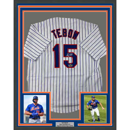 Framed Facsimile Autographed Tim Tebow 35x39 New York Pinstripe Reprint Laser Auto Baseball Jersey Size Men's XL