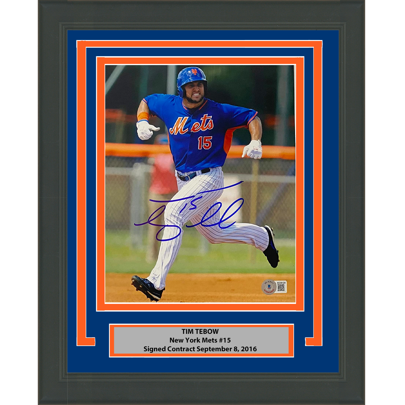 Framed Autographed/Signed Tim Tebow New York NY Mets 8x10 Baseball Photo Beckett BAS COA