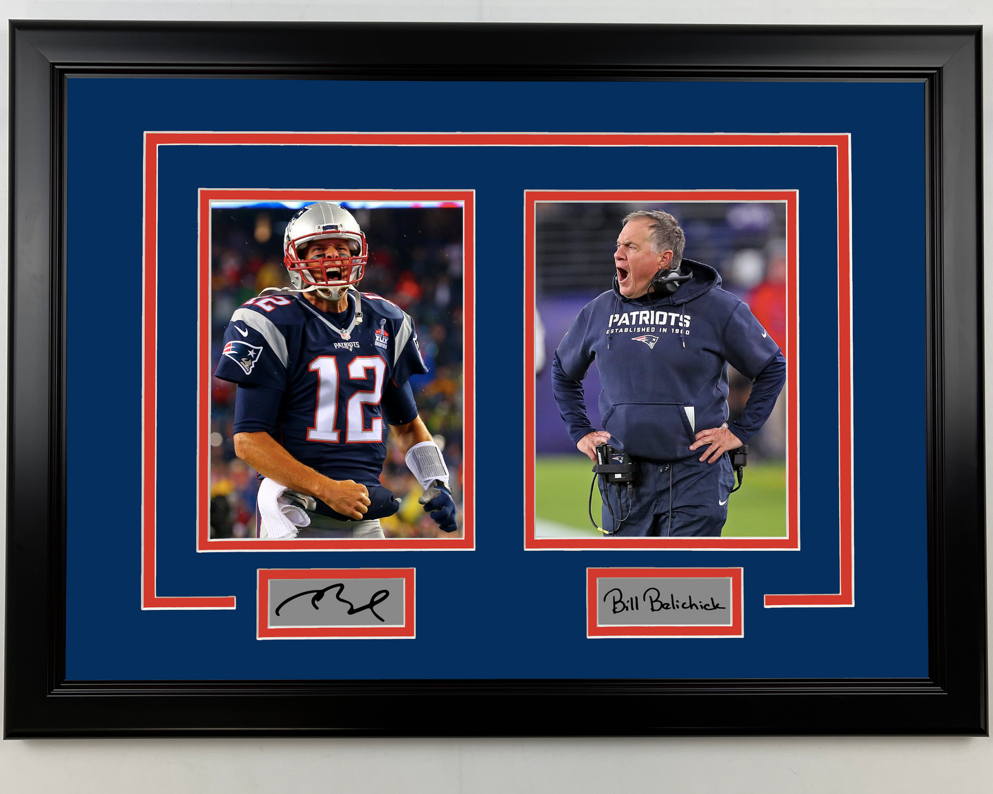 Framed Tom Brady and Bill Belichick Facsimile Laser Engraved Signatures New England Patriots 17x23 Dual Football Photo