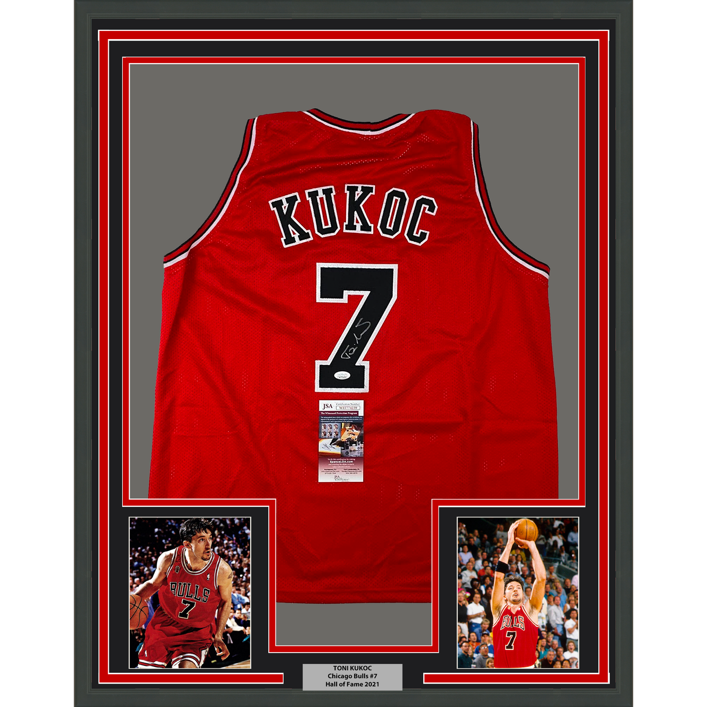 Framed Autographed/Signed Toni Kukoc 35x39 Chicago Red Basketball Jersey JSA COA