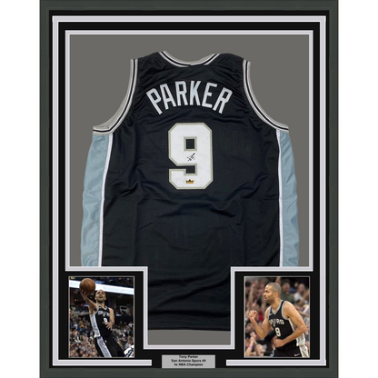 Framed Facsimile Autographed Tony Parker 35x39 San Antonio Black Reprint Laser Auto Basketball Jersey