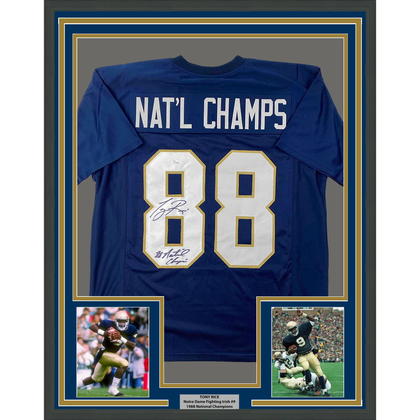 Framed Autographed/Signed Tony Rice 35x39 1988 National Champions Notre Dame Blue College Football Jersey JSA COA