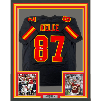 Framed Facsimile Autographed Travis Kelce 35x39 Kansas City Black Reprint Laser Auto Football Jersey Size Men's XL