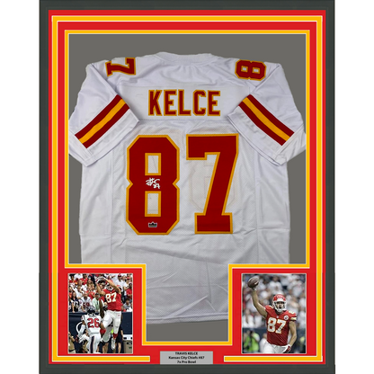 Framed Facsimile Autographed Travis Kelce 35x39 Kansas City White Reprint Laser Auto Football Jersey Size Men's XL